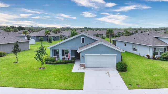 ranch-style house with a front lawn and a garage