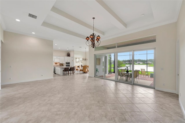 unfurnished living room with crown molding, light tile patterned floors, and a chandelier