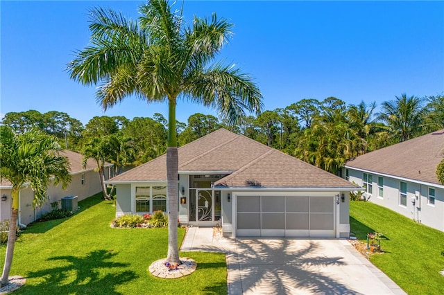 439 Briarcliff Cir, Sebastian, FL 32958 - single story home featuring concrete driveway, a front lawn, a garage, stucco siding, and cooling unit