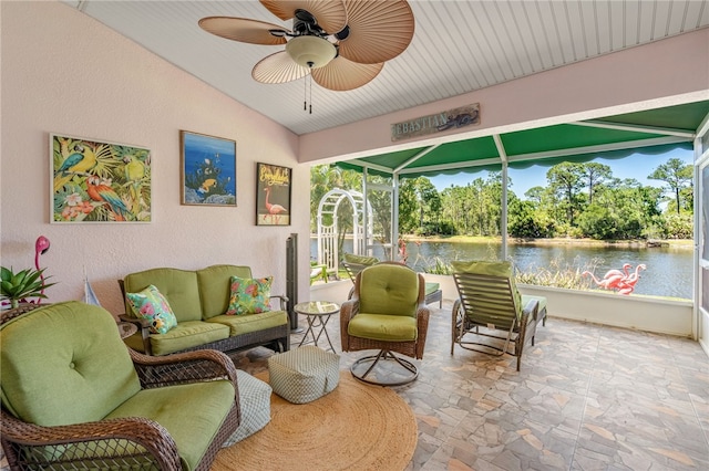 439 Briarcliff Cir, Sebastian, FL 32958 - sunroom with a ceiling fan, lofted ceiling, a water view, and an outdoor living space