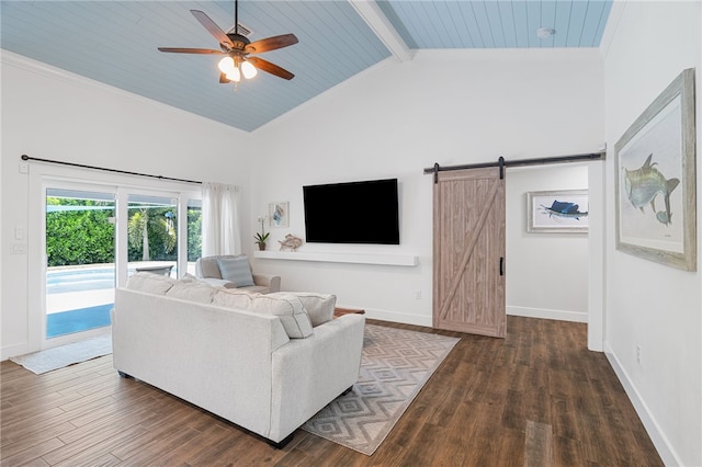 1368 Scroll St, Sebastian, FL 32958 - living room with dark wood finished floors, a barn door, a ceiling fan, and ornamental molding