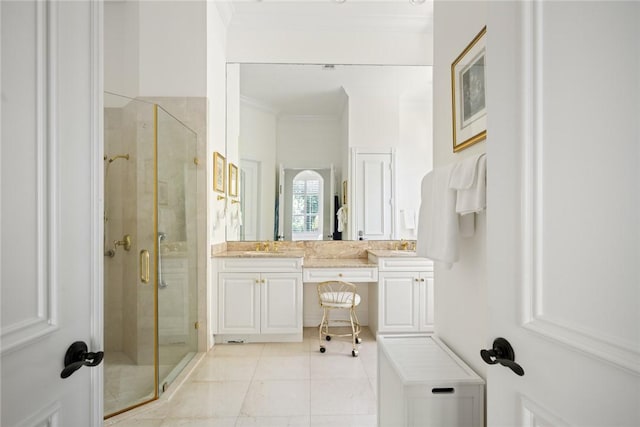 1624 Weybridge Cir, Vero Beach, FL 32963 - full bathroom with ornamental molding, tile patterned floors, a shower stall, and vanity