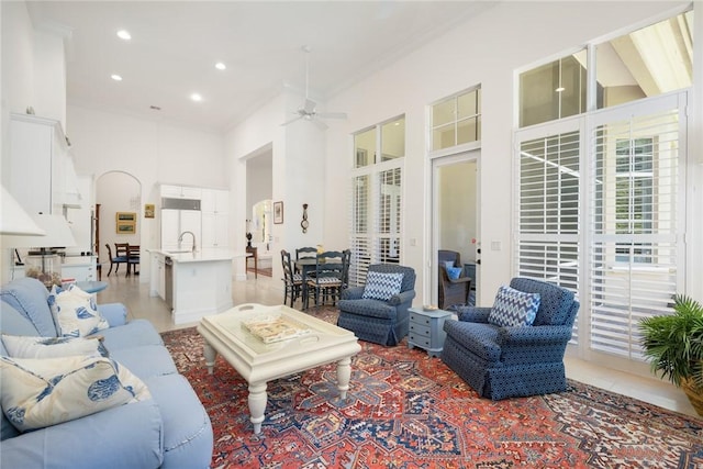 1624 Weybridge Cir, Vero Beach, FL 32963 - living area with ceiling fan, recessed lighting, a high ceiling, and light tile patterned flooring