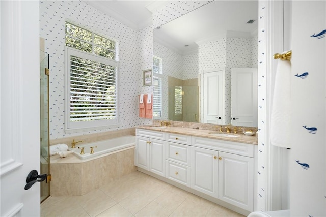 1624 Weybridge Cir, Vero Beach, FL 32963 - full bath featuring a bath, a sink, crown molding, wallpapered walls, and a stall shower