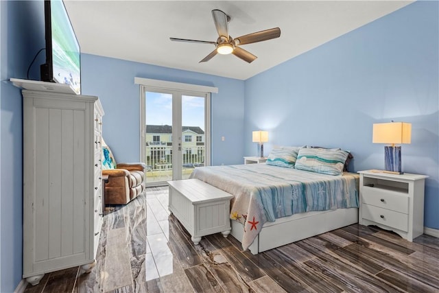 bedroom with ceiling fan, access to exterior, and dark hardwood / wood-style flooring