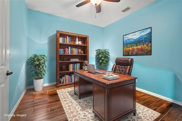 office featuring ceiling fan and dark hardwood / wood-style floors