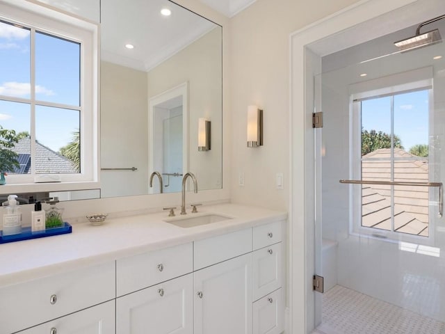 full bathroom featuring recessed lighting, a shower, vanity, and crown molding