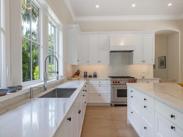 kitchen featuring custom exhaust hood, ornamental molding, premium range, arched walkways, and a sink