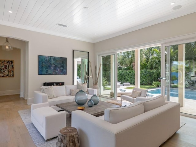 living area with recessed lighting, light wood-type flooring, wood ceiling, and crown molding