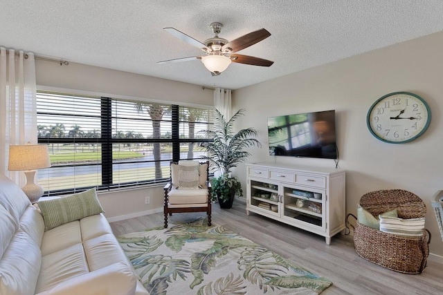 living room with a textured ceiling, a wealth of natural light, and light hardwood / wood-style flooring