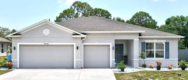 9036 103rd Ave, Vero Beach, FL 32967 - ranch-style home with an attached garage, stucco siding, concrete driveway, and a shingled roof