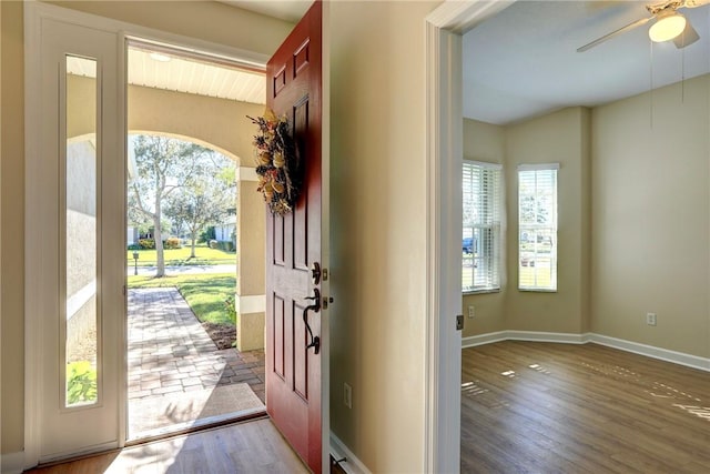 entryway with wood-type flooring, a wealth of natural light, and ceiling fan