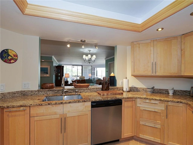 1850 Bay Rd Unit 3G, Vero Beach, FL 32963 - kitchen featuring stainless steel dishwasher, light brown cabinetry, light stone countertops, a chandelier, and open floor plan