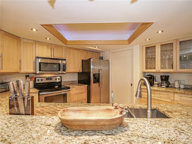 kitchen with appliances with stainless steel finishes, light brown cabinetry, light stone counters, and a tray ceiling