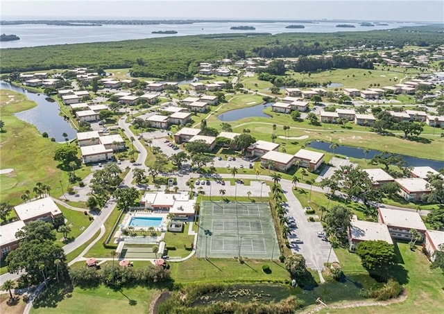 bird's eye view with a water view