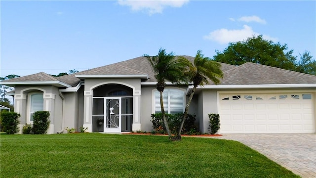 ranch-style house with a garage, a shingled roof, decorative driveway, a front lawn, and stucco siding