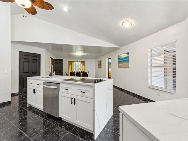 kitchen with stainless steel dishwasher, a sink, black electric stovetop, vaulted ceiling, and white cabinetry