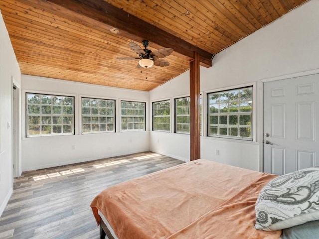bedroom with wood ceiling, wood finished floors, and baseboards