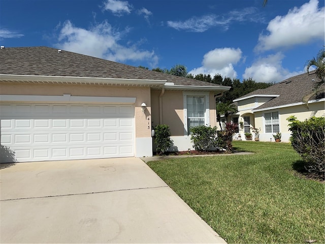 single story home with a garage and a front lawn