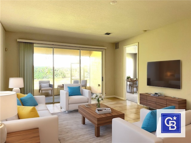 tiled living room with a textured ceiling