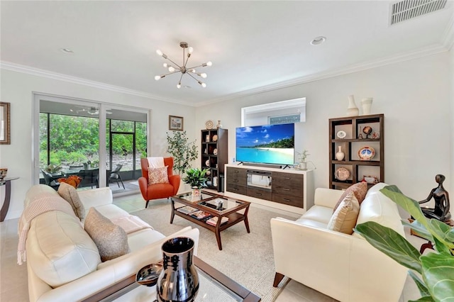 5950 Bella Rosa Ln, Vero Beach, FL 32966 - living room with ornamental molding and a chandelier