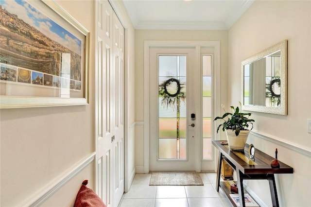 5950 Bella Rosa Ln, Vero Beach, FL 32966 - doorway to outside with light tile patterned floors and ornamental molding
