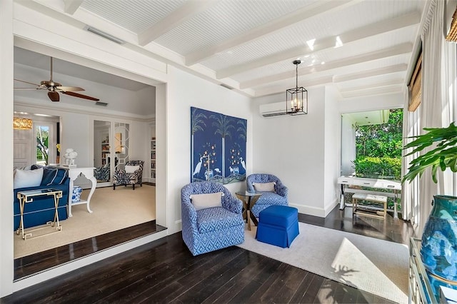 interior space with an AC wall unit and ceiling fan