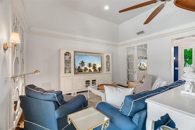 living room featuring ceiling fan