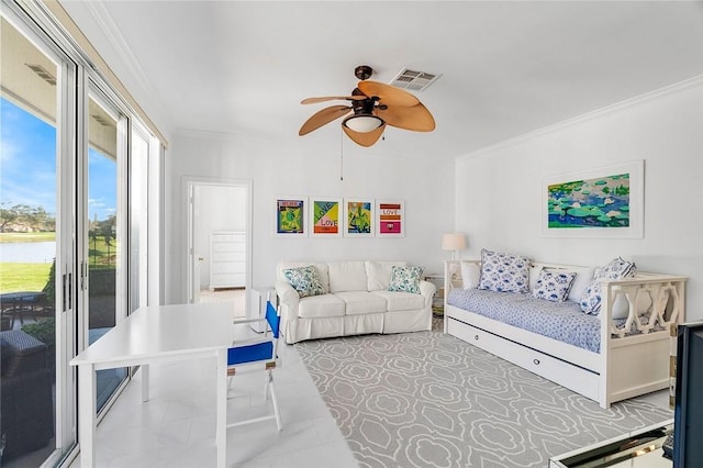 living room featuring crown molding and ceiling fan