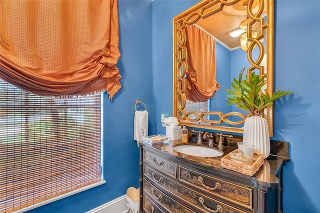 bathroom featuring ornamental molding and vanity