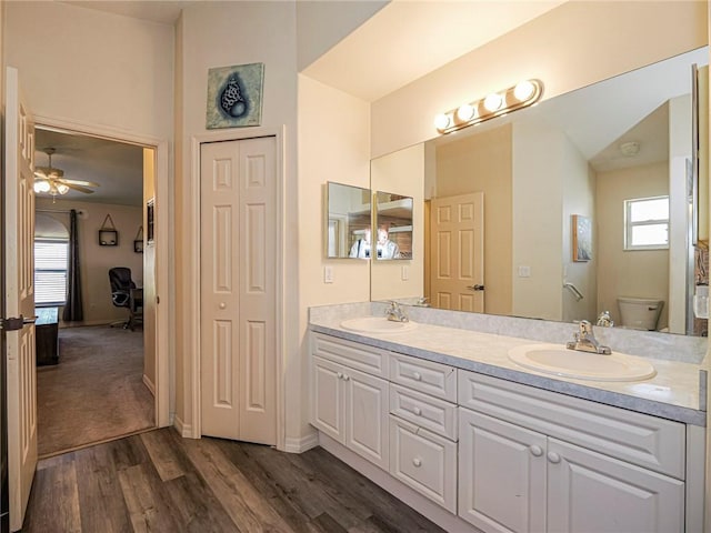 bathroom featuring vanity, toilet, wood-type flooring, and plenty of natural light