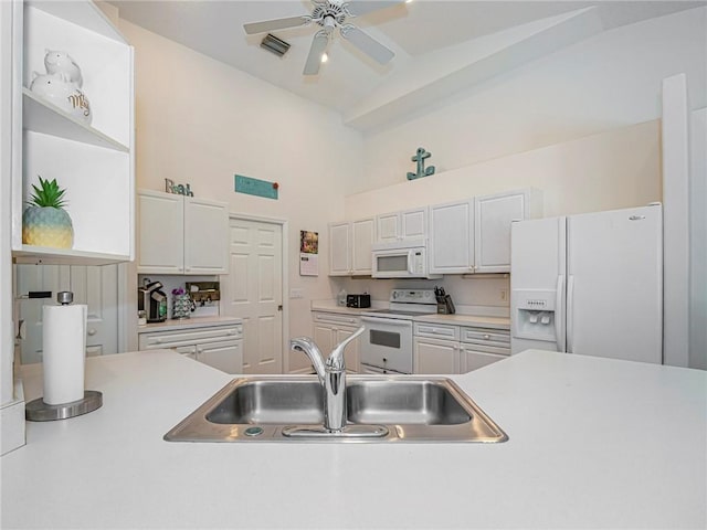 kitchen featuring white cabinetry, high vaulted ceiling, ceiling fan, and white appliances