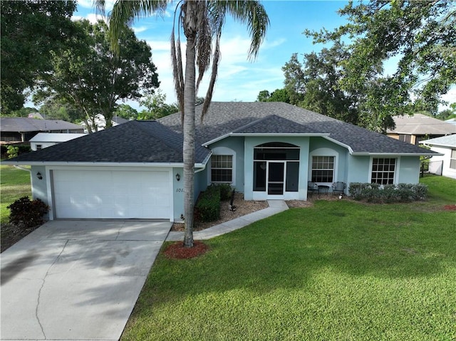 1018 Persian Ln, Sebastian, FL 32958 - ranch-style house with stucco siding, an attached garage, a shingled roof, and a front lawn