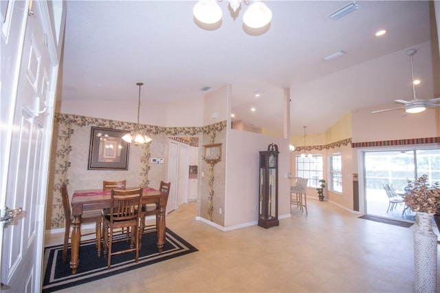 1018 Persian Ln, Sebastian, FL 32958 - dining space featuring a chandelier, high vaulted ceiling, ceiling fan, and light floors