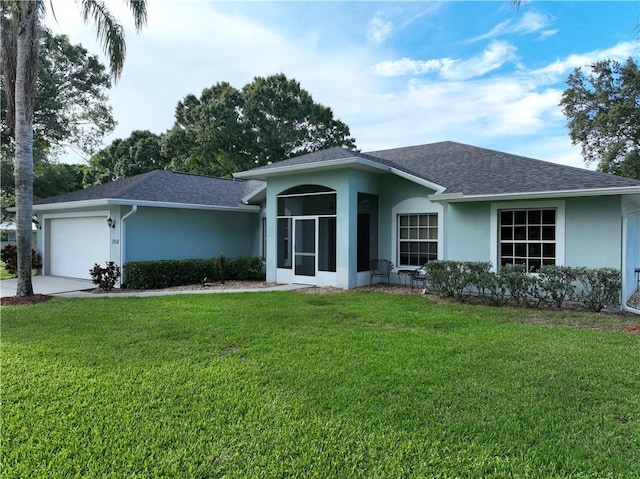 1018 Persian Ln, Sebastian, FL 32958 - single story home with stucco siding, an attached garage, a front yard, a shingled roof, and driveway