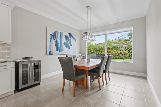 dining room featuring light tile patterned flooring, wine cooler, and ornamental molding