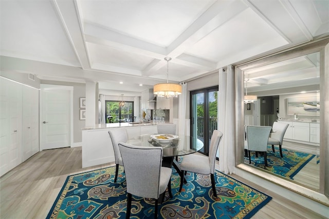 dining space with beamed ceiling, a chandelier, light hardwood / wood-style flooring, and coffered ceiling