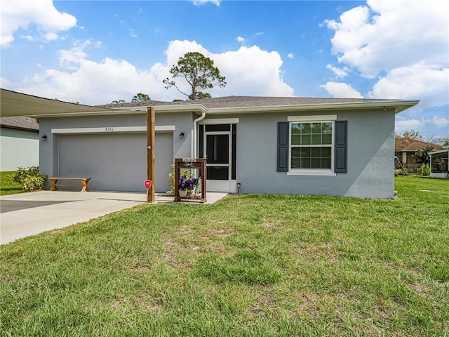 ranch-style house featuring an attached garage, a front lawn, concrete driveway, and stucco siding