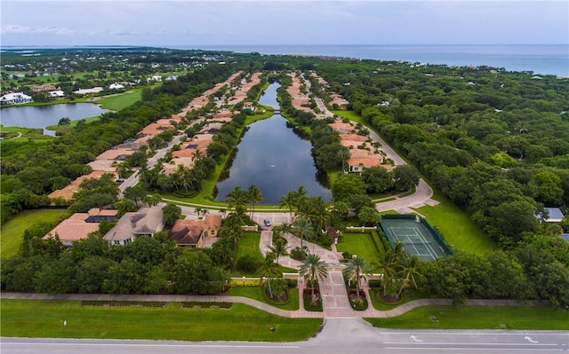 aerial view featuring a water view