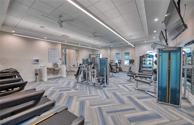 1279 Harper Way Unit 013, Vero Beach, FL 32960 - gym with a ceiling fan, carpet, baseboards, and a drop ceiling