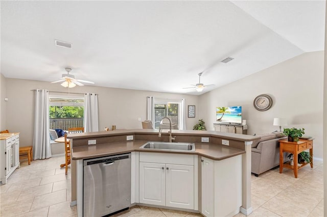 kitchen featuring open floor plan, a sink, visible vents, and stainless steel dishwasher