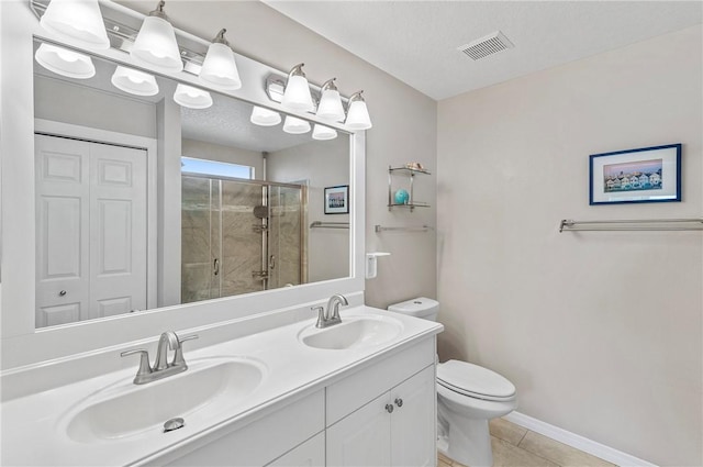 bathroom featuring a sink, visible vents, toilet, and a stall shower