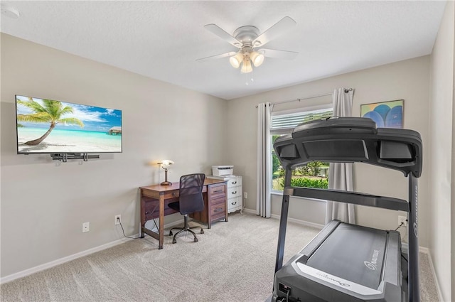 office area featuring a ceiling fan, baseboards, and carpet floors