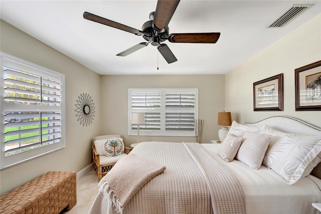 bedroom with baseboards, visible vents, and a ceiling fan