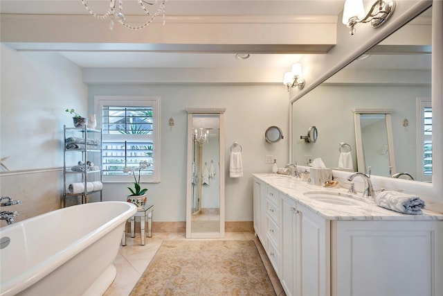 full bathroom featuring double vanity, a soaking tub, a sink, and tile patterned floors