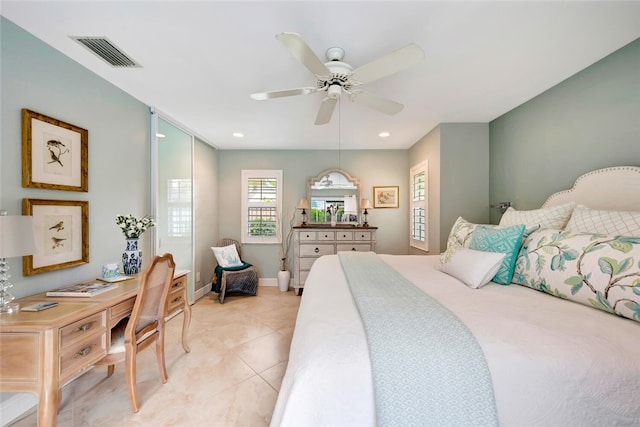 bedroom with light tile patterned floors, baseboards, visible vents, a ceiling fan, and recessed lighting