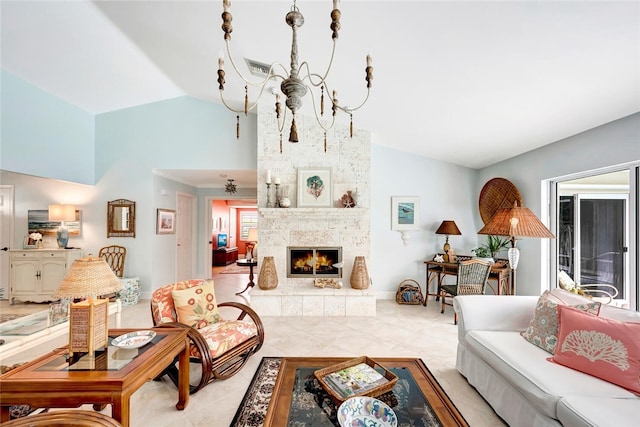 living area with a stone fireplace, light tile patterned flooring, a notable chandelier, baseboards, and vaulted ceiling