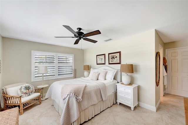 bedroom featuring baseboards, visible vents, and ceiling fan