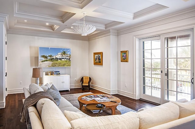 living room featuring beamed ceiling, crown molding, coffered ceiling, and dark hardwood / wood-style floors