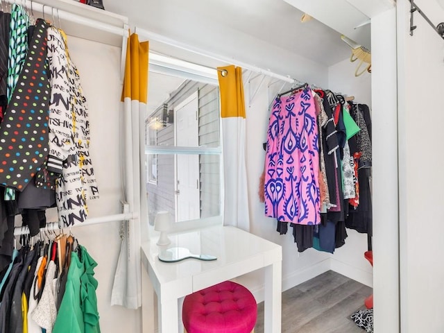 walk in closet with light wood-type flooring